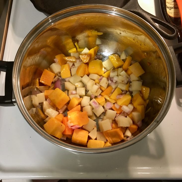 Home Chef Subscription Box Review March 2019 - Chowder Veggies In Pan Top