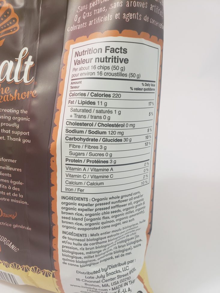 Monthly Box Of Food And Snack Review March 2019 - Late July SeaSalt Multi Grain Tortilla Chips Nutrition Info Back