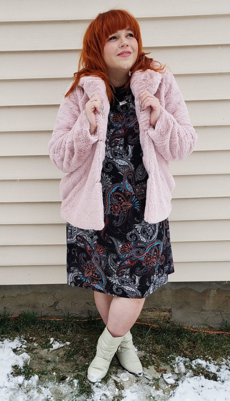 Shoe Dazzle February 2019 - Plus Size Faux Fur Coat in Blush Wearing Front 1