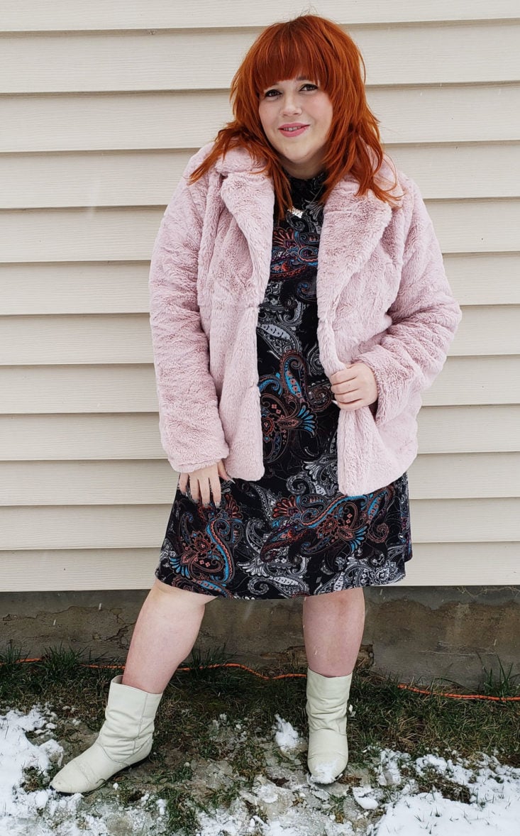 Shoe Dazzle February 2019 - Plus Size Faux Fur Coat in Blush Wearing Front 2