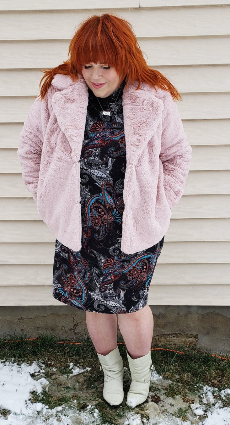 Shoe Dazzle February 2019 - Plus Size Faux Fur Coat in Blush Wearing Front 3