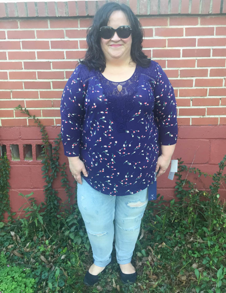 Stitch Fix Plus Size Clothing Box March 2019 - Dalina Crochet Detail Knit Top Wearing Front