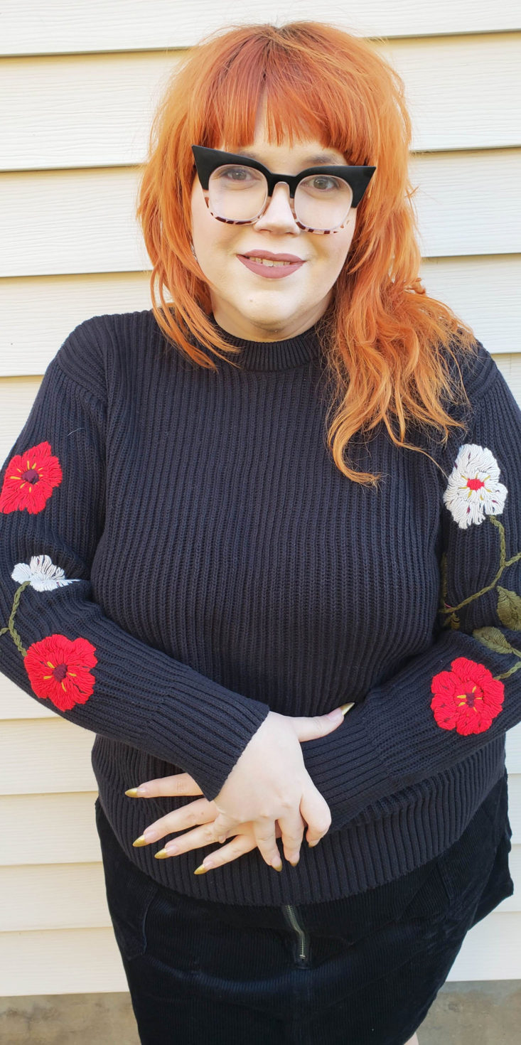 Trunk Club Plus Size Subscription Box Review December 2018 - Embroidered Sleeve Cotton Sweater by Lucky Brand Size 2x Pose 2 Front