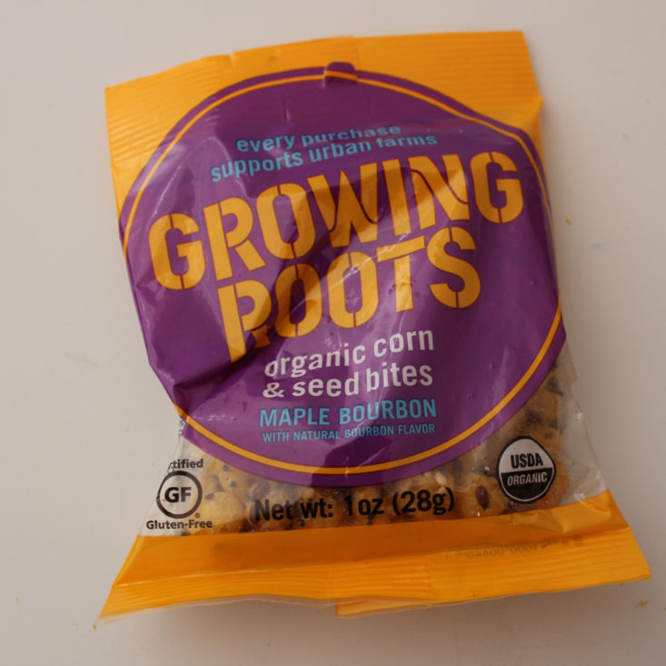 Vegan Cuts Snack March 2019 - Growing Roots Organic Corn and Seed Bites, Maple Bourbon Package Front