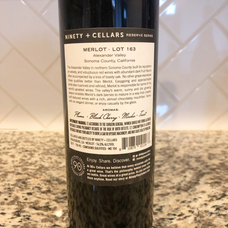 90 Plus Cellars Wine Review Spring 2019 - Merlot Bottle Back
