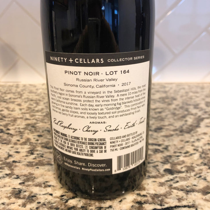 90 Plus Cellars Wine Review Spring 2019 - Pinot Bottle Back