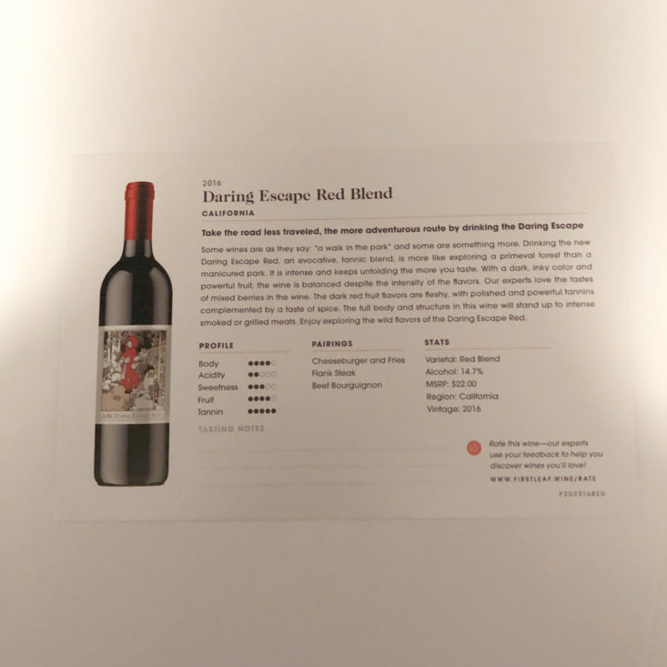 Firstleaf Wine Subscription March 2019 Review - 2016 Daring Escape Red Info Back Top