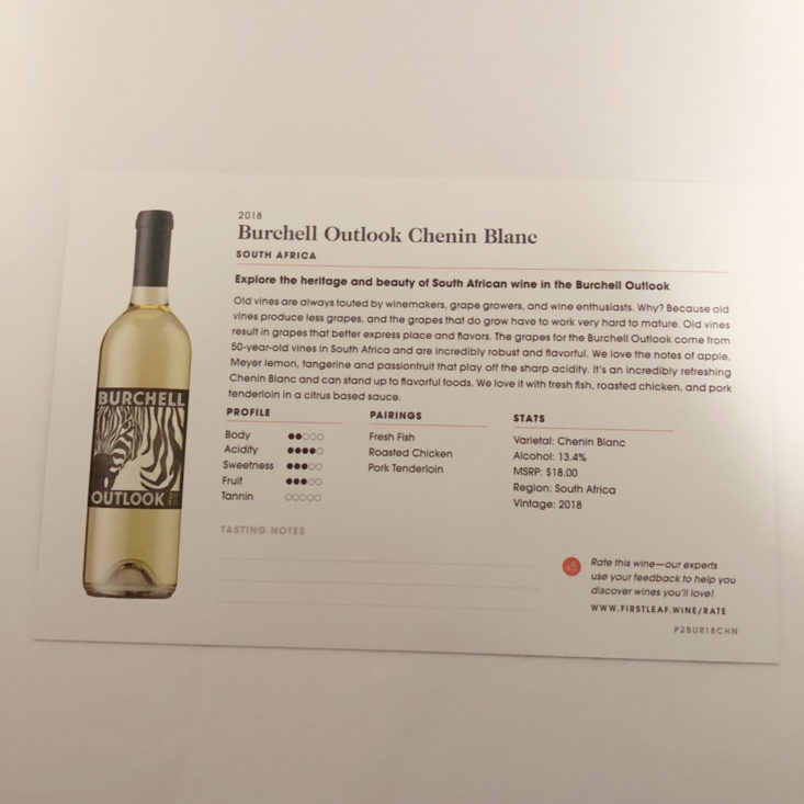 Firstleaf Wine Subscription Review April 2019 - 2018 Burchell Outlook Chenin Blanc Card Back Top