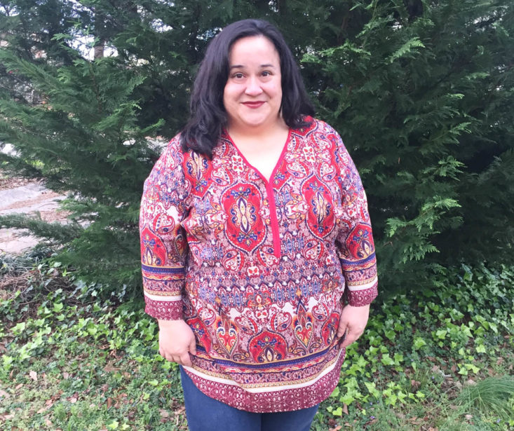Gwynnie Bee Box March 2019 - KAKTUS Paisley V Neck Top Wearing Front