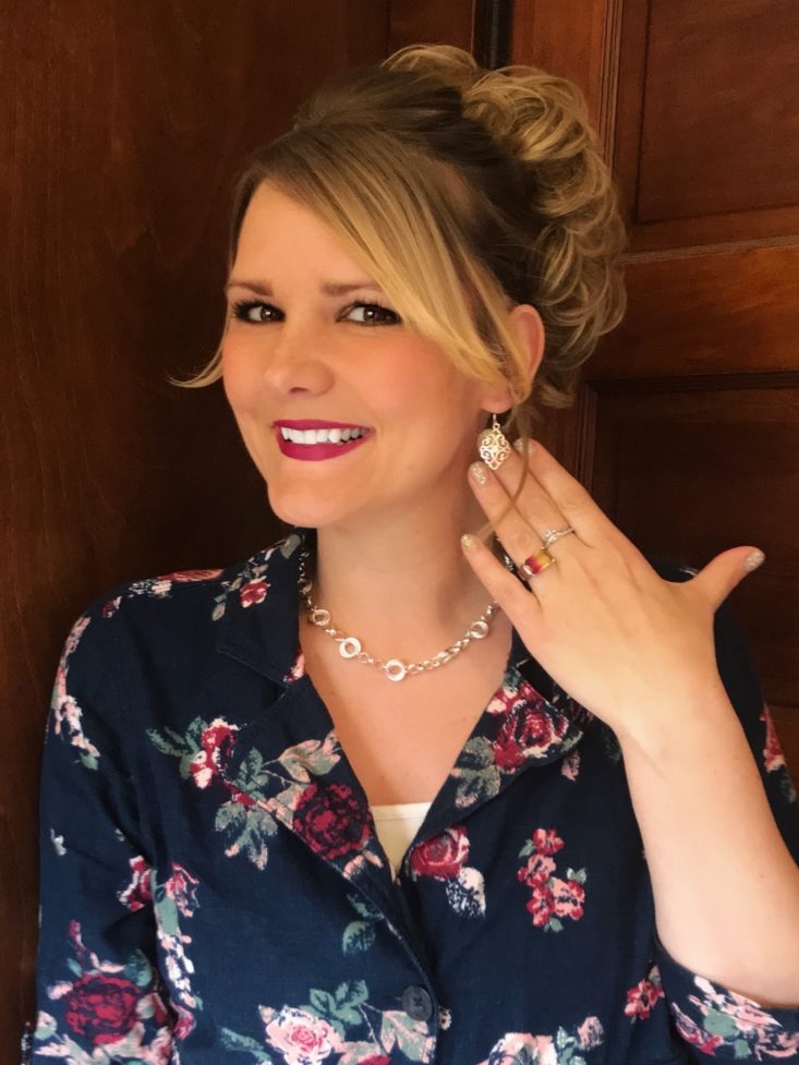 Jewelry Subscription Box April 2019 - Silver Patterned Gemstone Earrings Model Wear