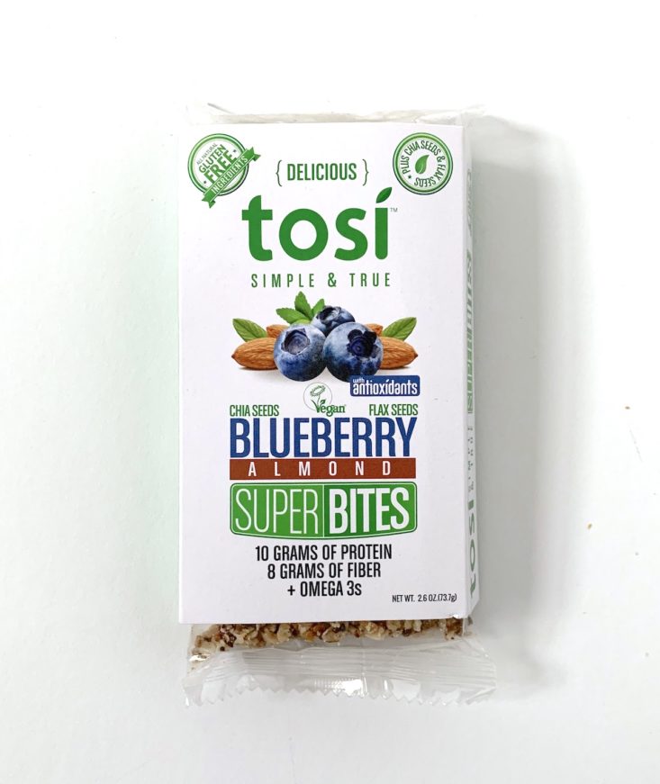 SnackSack Classic Review March 2019 - Tosi Health Superbites Singles in Blueberry Almond Packet Top