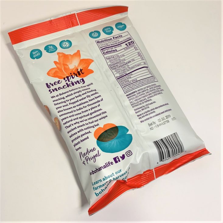 SnackSack Gluten-Free Review March 2019 - Bohana Popped Water Lily Seeds, Soulful Spice Back Top