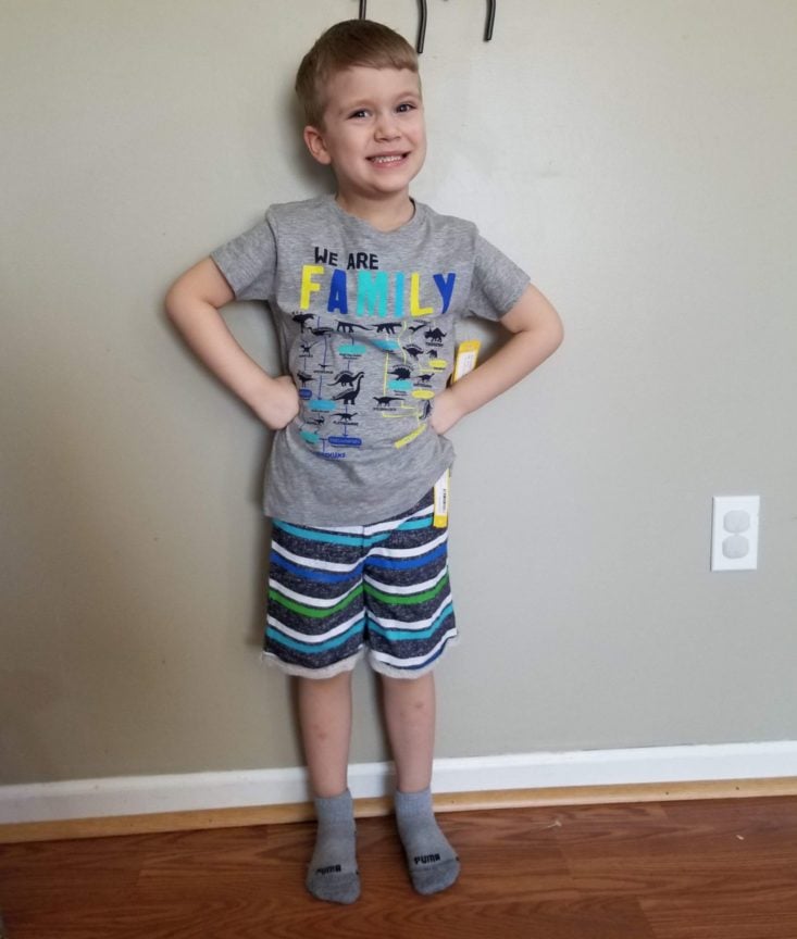 Stitch Fix Boys April 2019 dino tee and striped shorts modeled