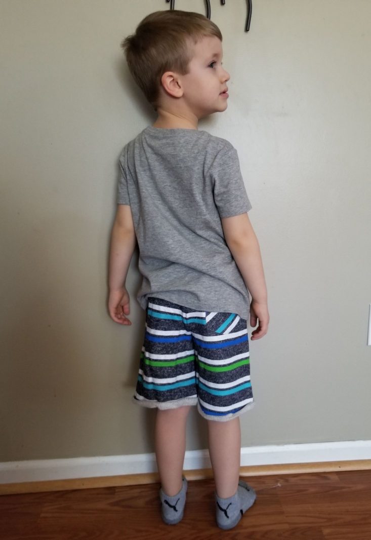 Stitch Fix Boys April 2019 dino tee and striped shorts modeled back