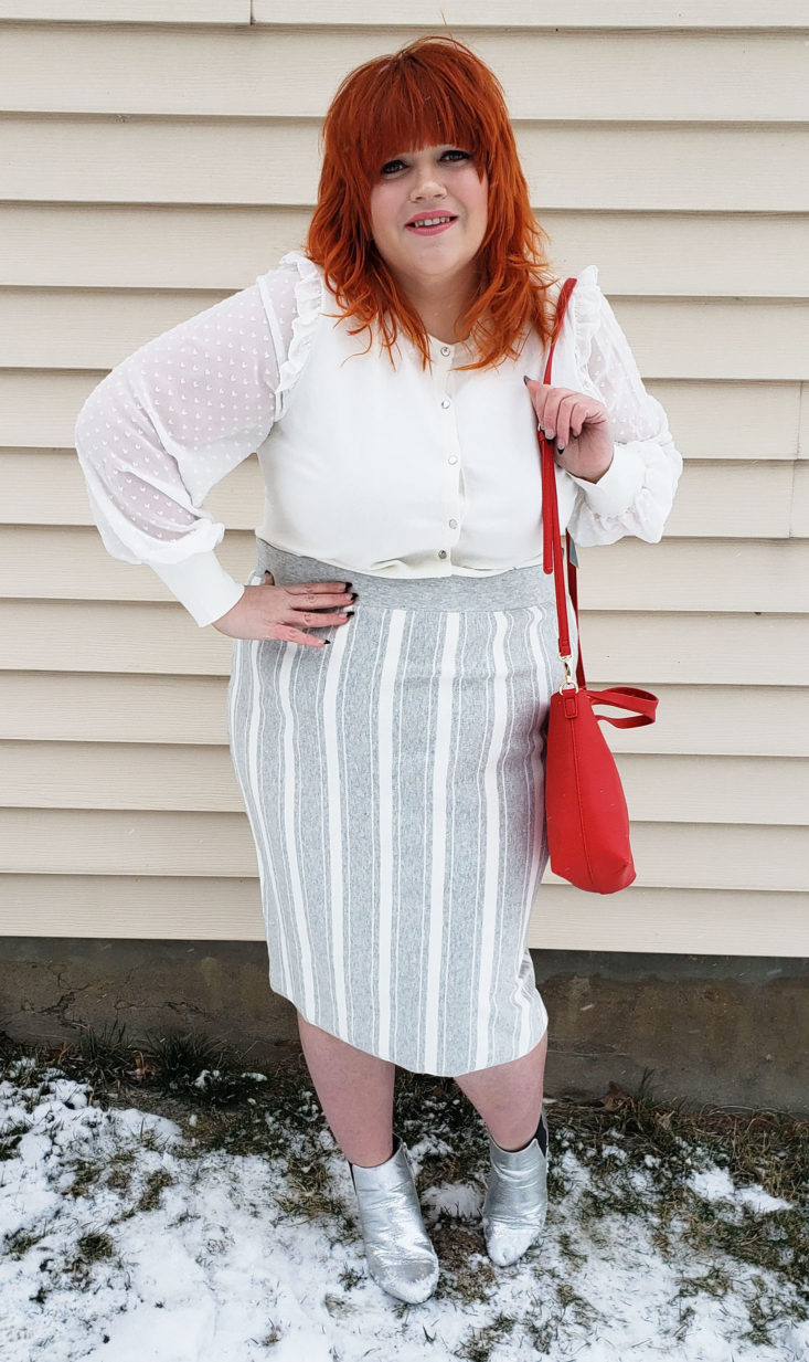 Trunk Club Plus Size Subscription Box Review March 2019 - Clip Dot Ruffle Cardigan by CeCe 1 Front