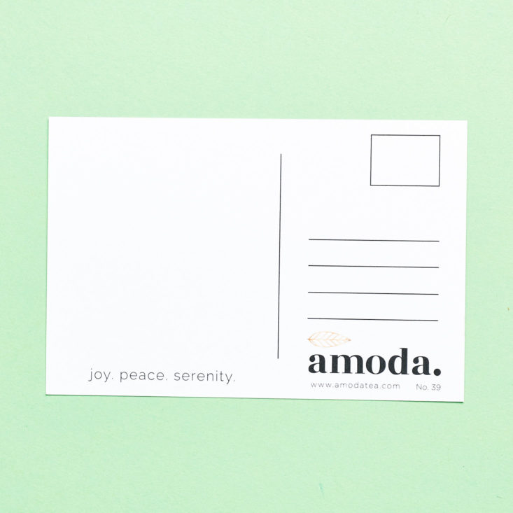 Amoda April 2019 review postcard back