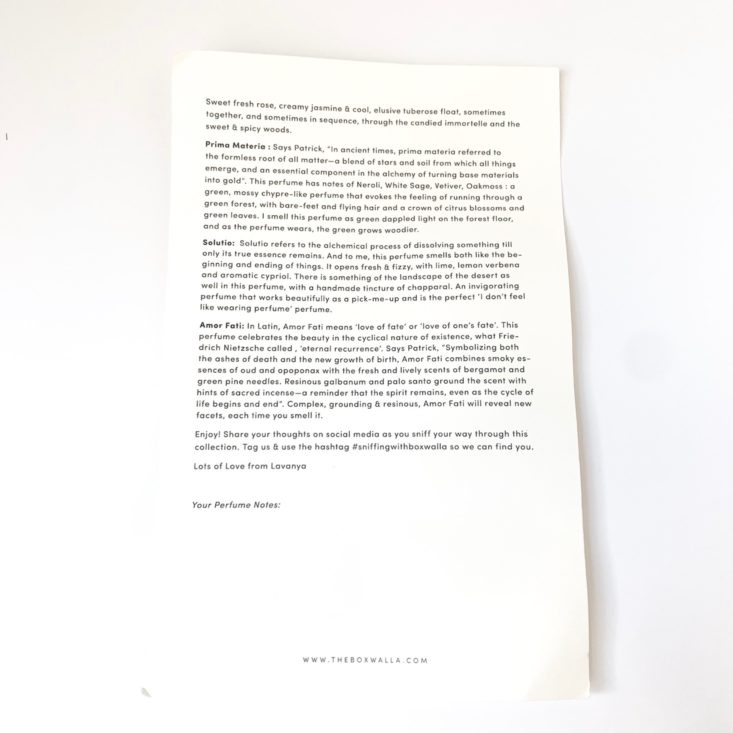 Boxwalla The Perfumer Box Review - Information Sheet 2 Top