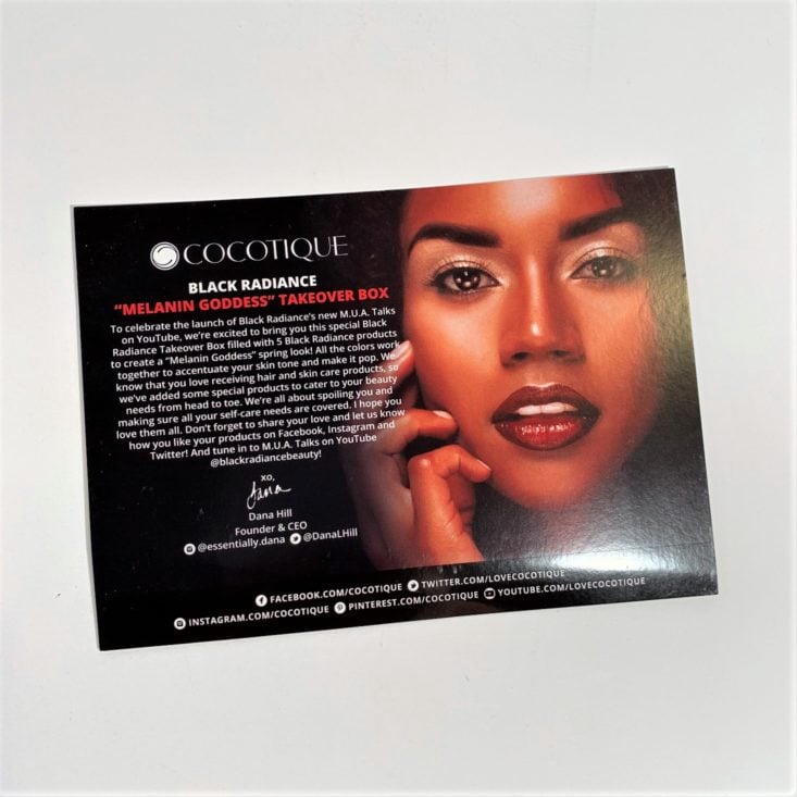 Cocotique “Black Radiance” April 2019 Review - Information Card Front Top