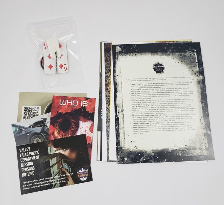 Deadbolt Mystery Society May 2019 âInfectedâ Review - All Cards Clues Group Shot Top