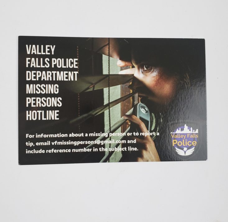 Deadbolt Mystery Society May 2019 “Infected” Review - card for the Valley Falls Police Top