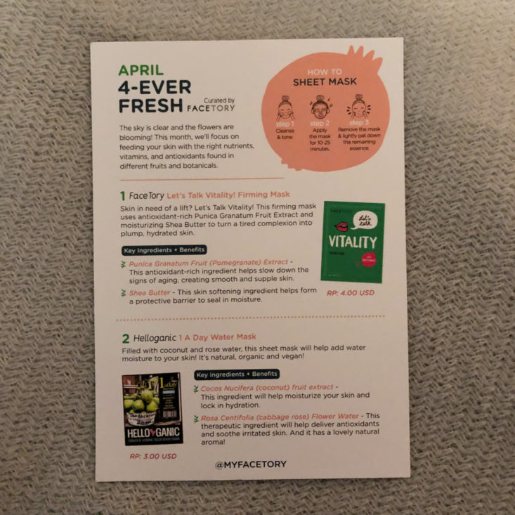 Facetory 4 Ever Fresh Subscription Review April 2019 - Information Card Front Top
