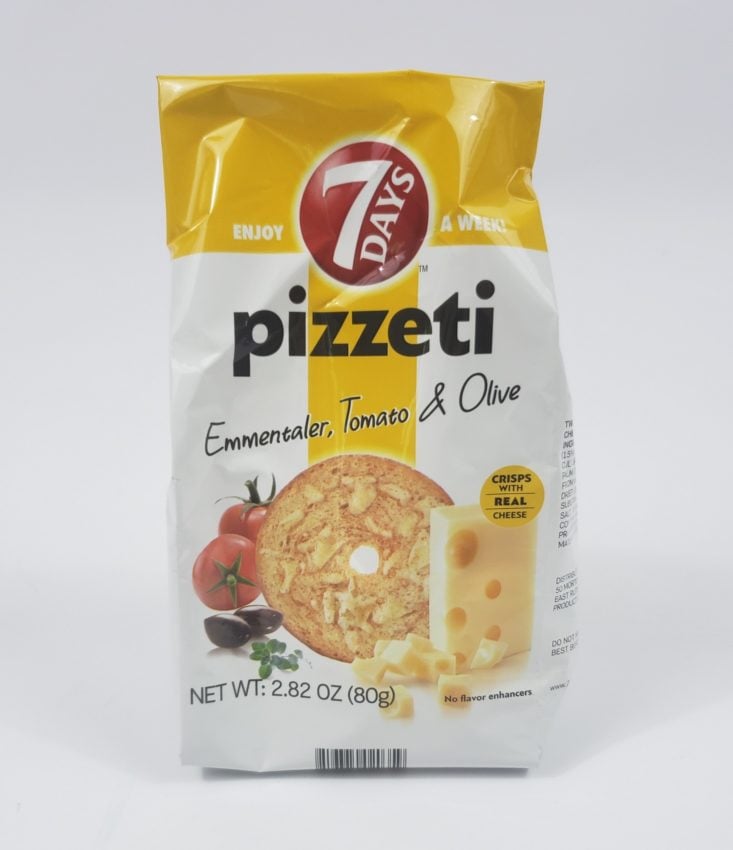 MONTHLY BOX OF FOOD AND SNACK REVIEW MAY 2019 - Pizzeti emmentaler, tomato and olive flavor Package Front