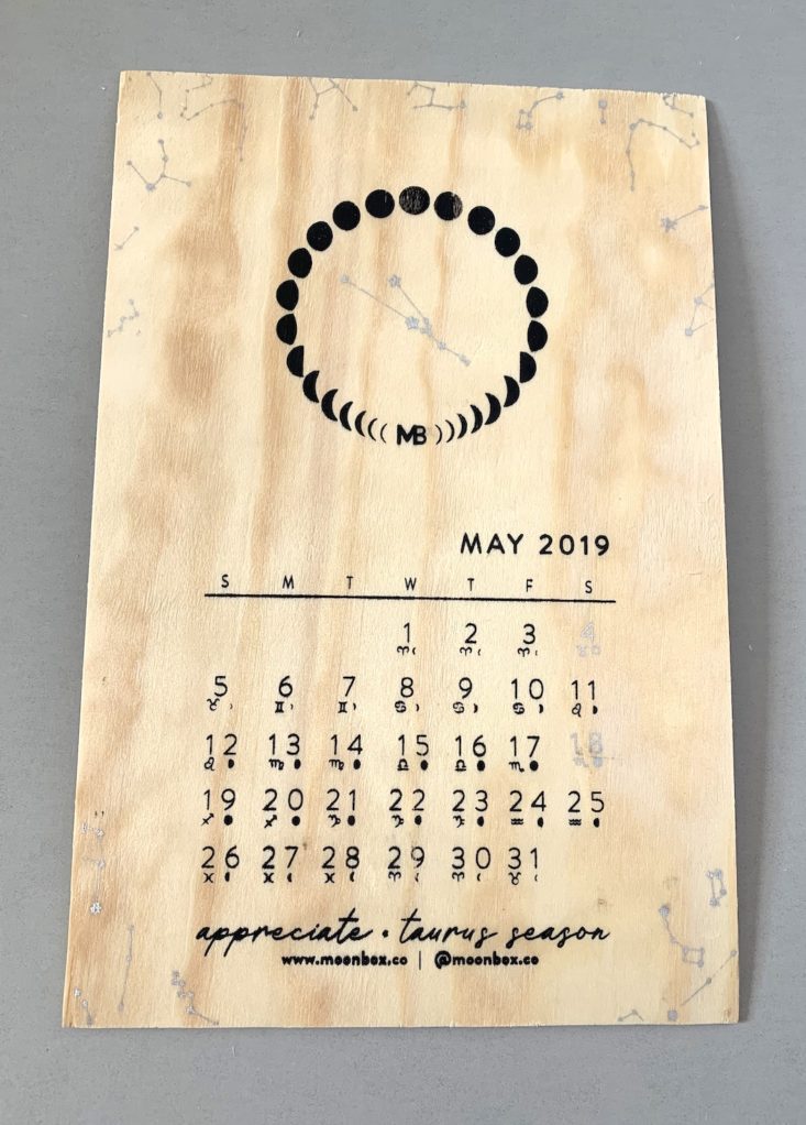 MoonBox by Gaia Collective Subscription Review May 2019 - Wooden Lunar CalendarCollectible Crystal Card Front Top