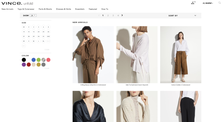 Vince Unfold clothing browsing screenshot