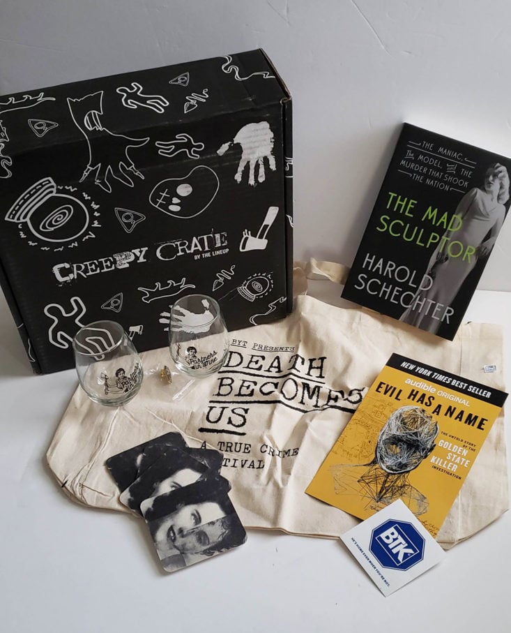 Creepy Crate Spring Death Becomes Us A True Crime Festival 2019 - All Products Group Shot Top