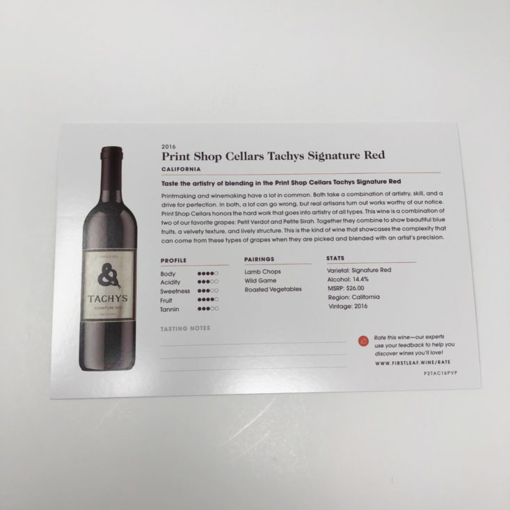 Firstleaf Wine Subscription Review June 2019 - 2016 Print Shop Cellars Tachys Signature Red Detail Card Back Top