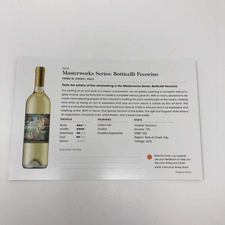 Firstleaf Wine Subscription Review June 2019 - 2018 Masterworks Series Pecorino Deatail Card Back Top