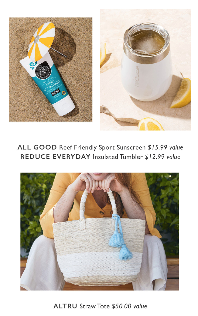 All Good Reef Friendly Sport Sunscreen, Reduce Everyday Insulated Tumbler, Altru Straw Tote