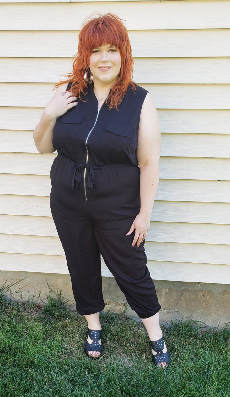 ShoeDazzle Plus Review May 2019 - Plus Size Sleeveless Zip Front Jumpsuit in Black Pose 1 Front