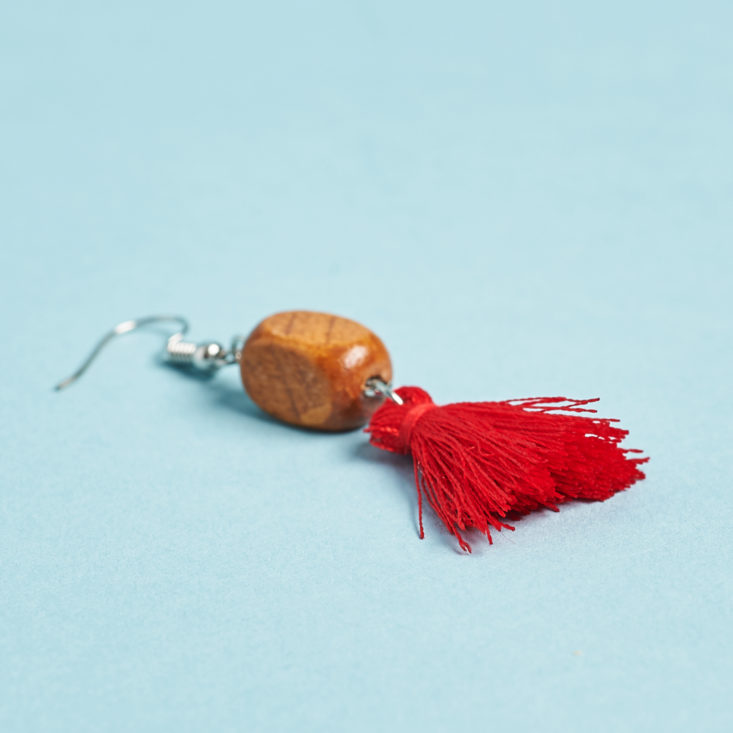 red tassel earrings with wooden bead