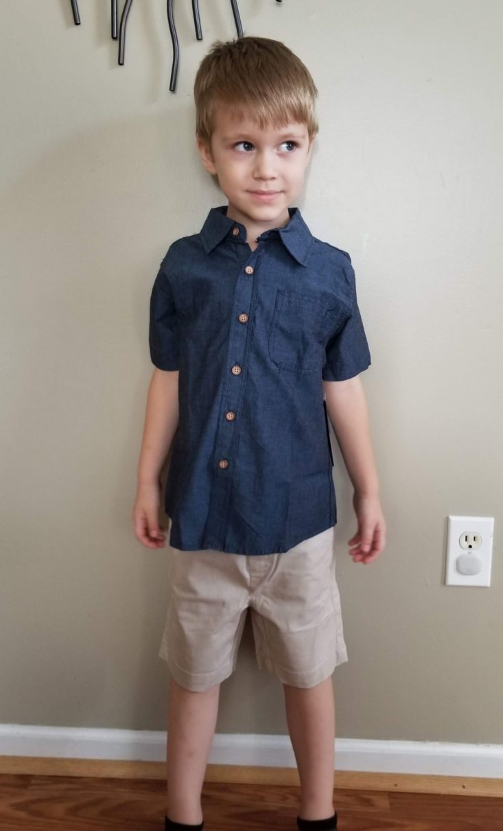 Stitch Fix Boys July 2019 denim shirt and khaki shorts modeled