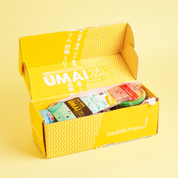 july 2019 umai crate with the top of the box open, revealing some of the contents