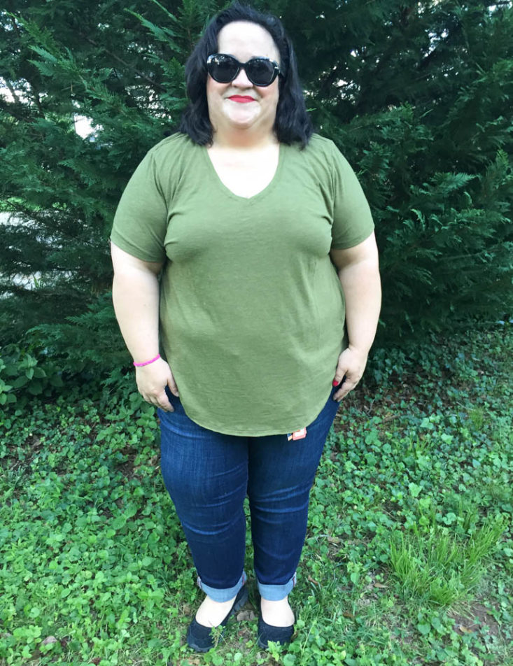 Wantable Style Edit June 2019 - Airy Slub V-Neck Tee In Green Model Wearing Front