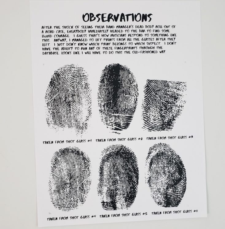 Deadbolt Mystery Society August 2019 - Fingerprint Chart from Bar Top