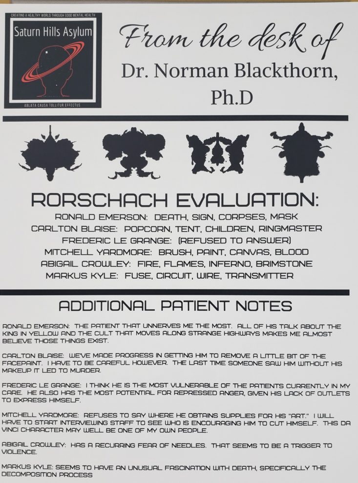 Deadbolt Mystery Society June 2019 - Dr. Blackthorn Notes 1