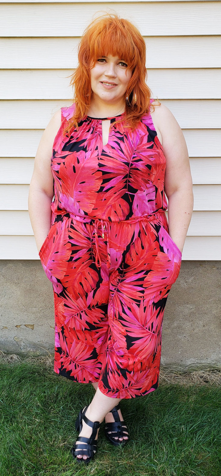 Dia & Co Subscription Box July 2019 - Model Wearing Nashville Jumpsuit Hand's In Pocket Front Front