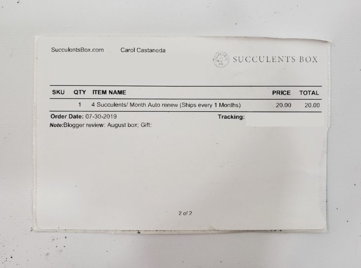 Succulents August 2019 - Packing Slip
