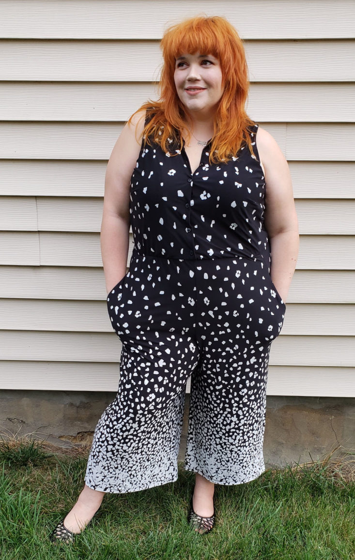 Gwynnie Bee Box August 2019 - Model Wearing Sleeveless Collared Matte Jersey Jumpsuit Front 2 Front