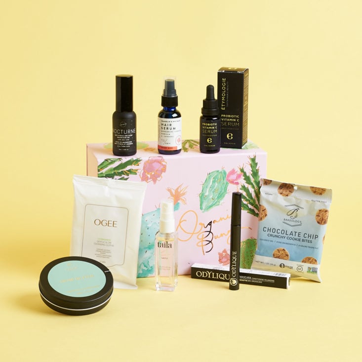 organic bunny goft box surrounded by products