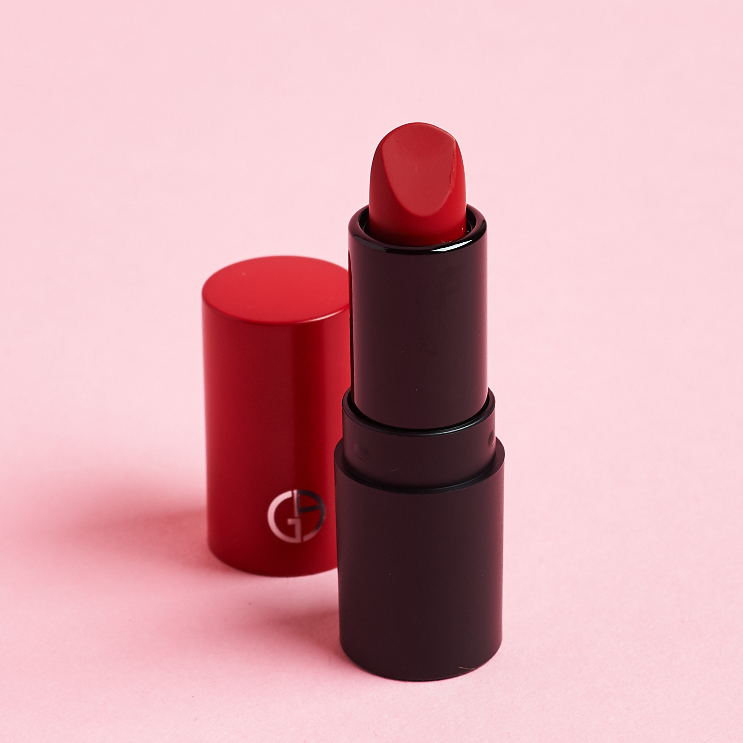 Giorgio Armani Beauty Rouge D’ Armani matte lipstick with lid off